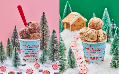Tubs of McConnell's Peppermint Mocha & Brownie Bites and Gingerbread House dairy-free "ice creams".