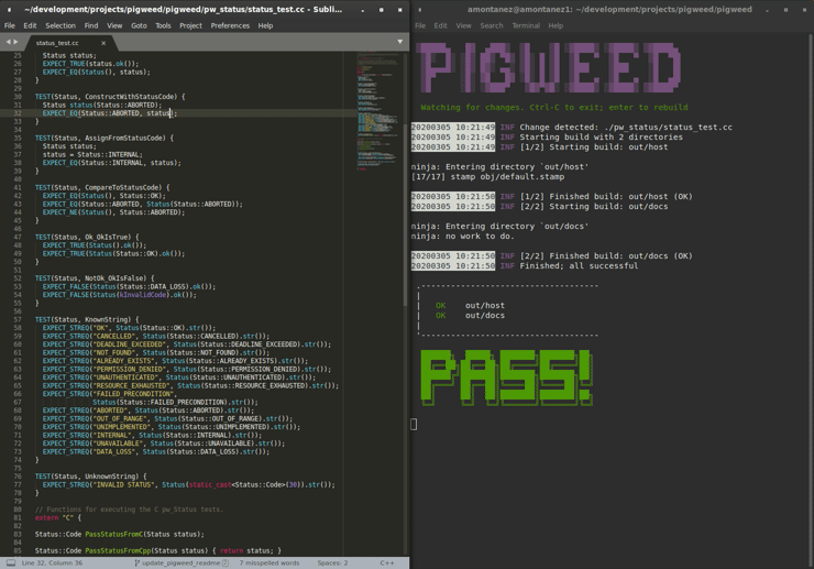 Moving image of Pigweed's pw_watch-build demo